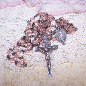 Vintage Sterling Silver Pink Crystal Rosary - Virgin Mary Sacred Heart of Jesus